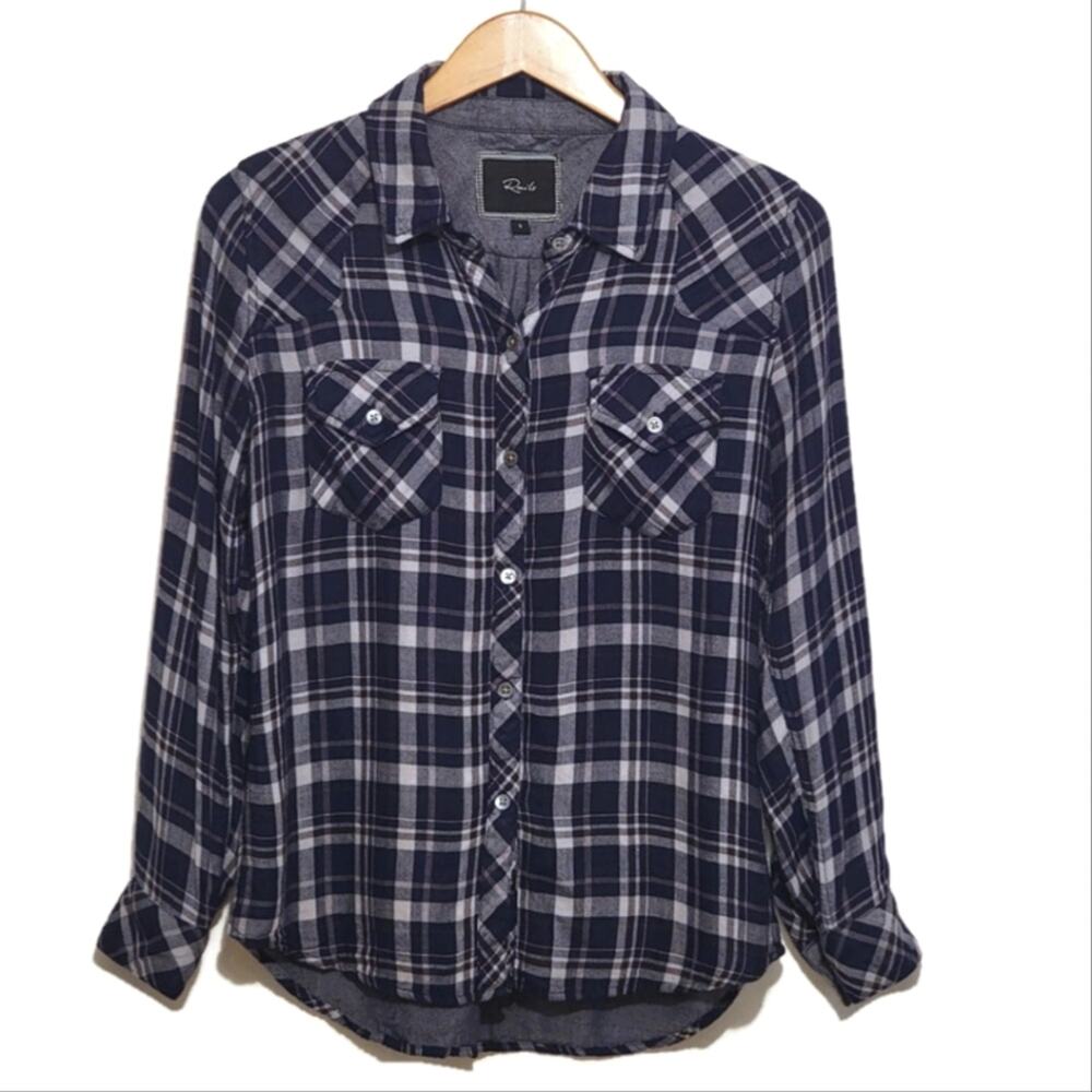 Rails Blue Black White Plaid Button Down Rayon Shirt Long Sleeve Cozy S